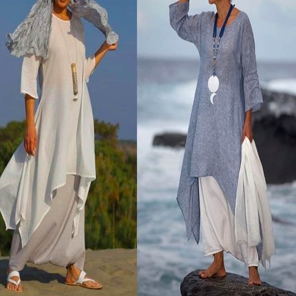 Women Fashion Irregular Leisure Loose Fitting Linen Shirt Tunic Pullover Blouse Baggy Tops Round Neck Comfy Cotton Dress Plus Size - Shop Trendy Women's Fashion | TeeYours