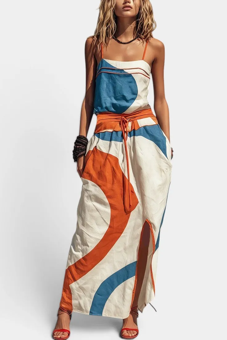 Graphic Print Maxi Dress with Tie Waist