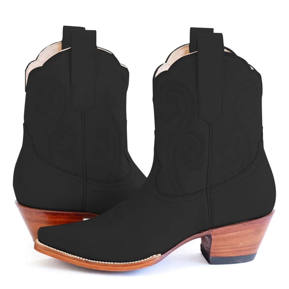 Black Embroidered Snip Toe Chunky Heel Western Short Boots for Women
