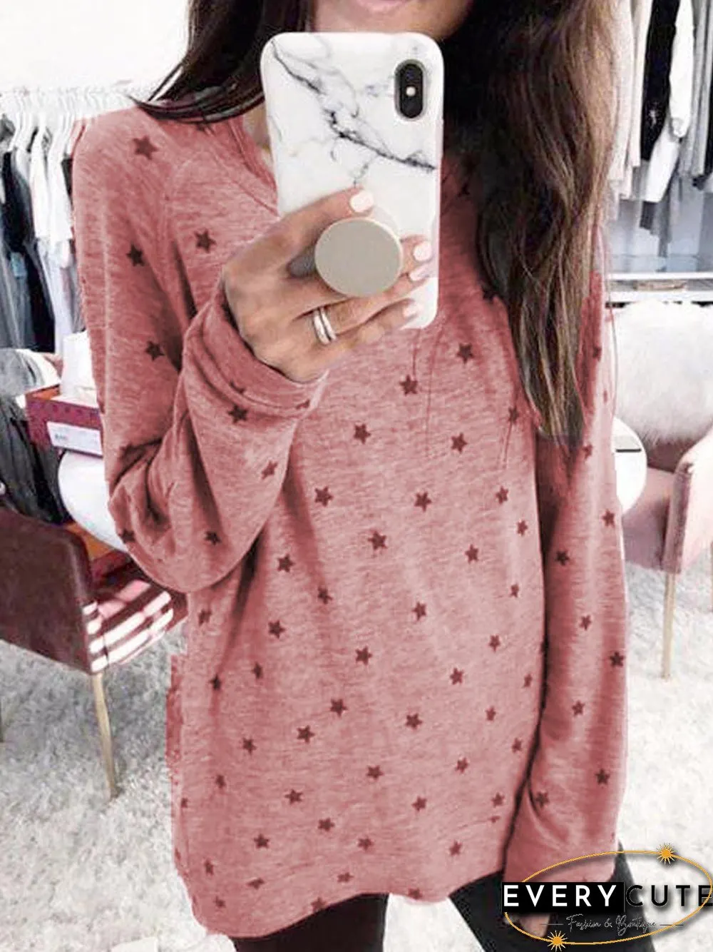 Crew Neck Long Sleeve Polka Dots Shirts & Tops