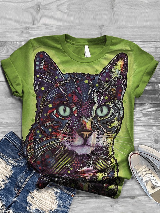 Women's Cat Print Crew Neck Short Sleeve Tee Shirt