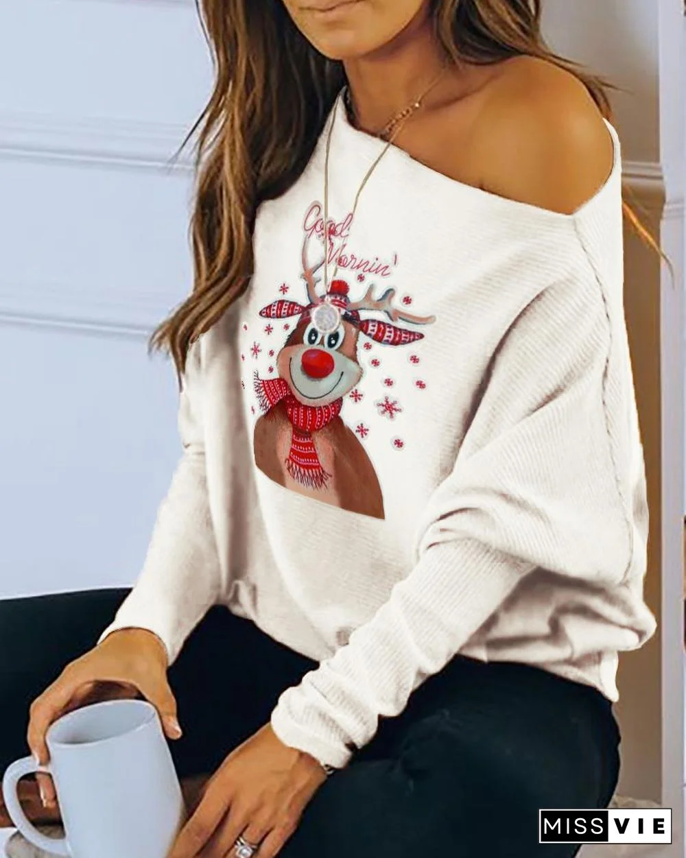 Christmas Moose Print Long Sleeve Casual Sweatshirt