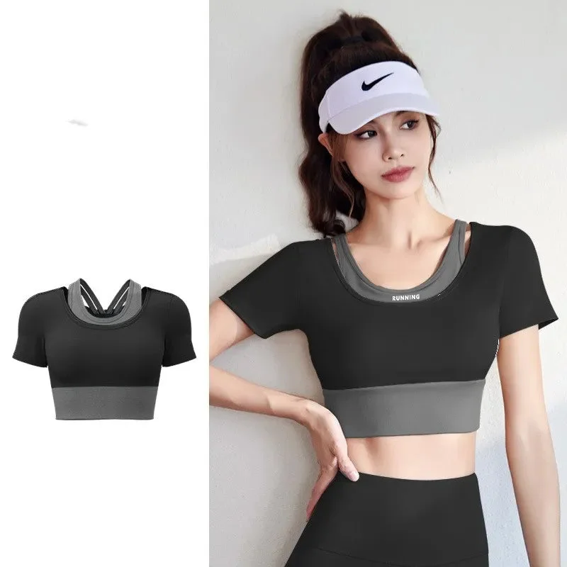 Tlbang Women Yoga Shirt Short Sleeve Padded Sports Crop Top Fitness Gym Clothing Sexy Cropped Workout Tops Running Tights T-Shirt