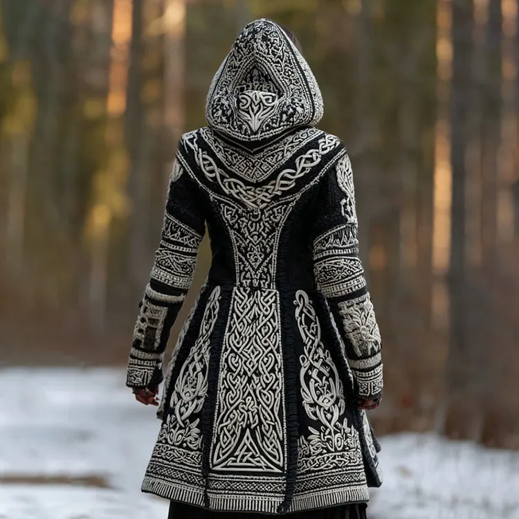 Women's Vintage Viking Celtic Color Block Knit Cozy Long Sweater Jacket