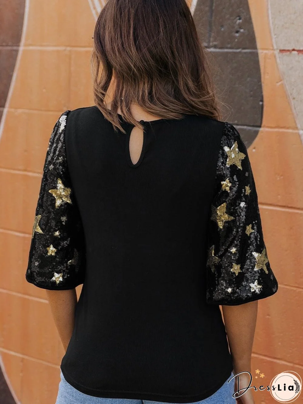 Black Star Sequin Embellished Half Sleeve Knit Top