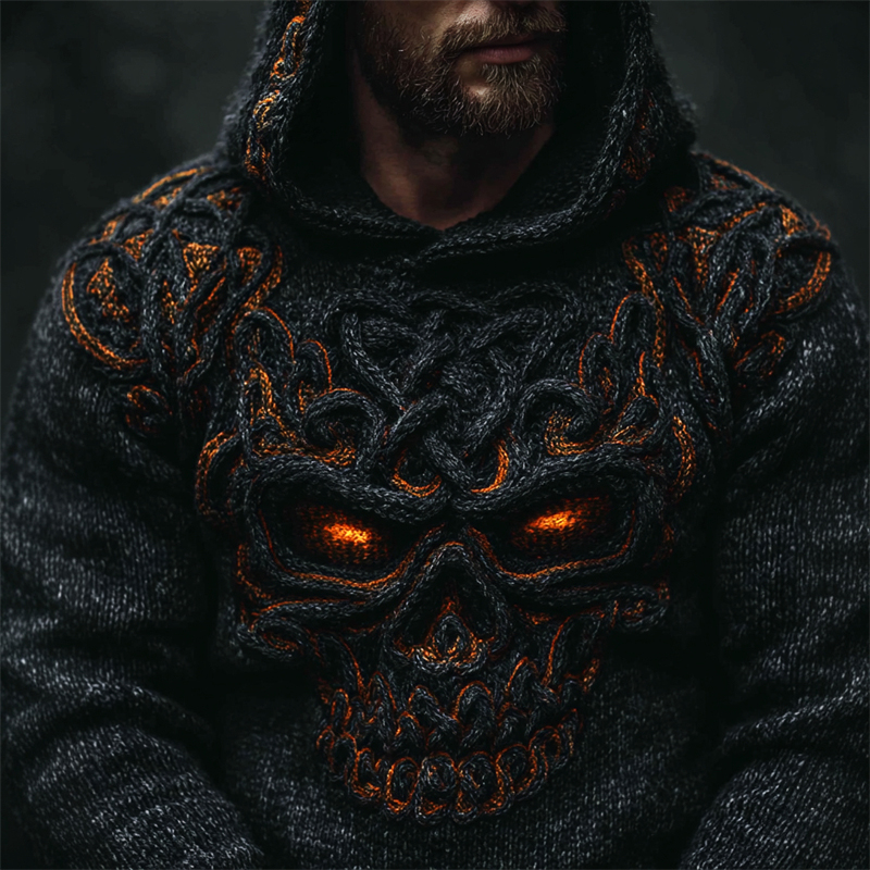 Men's Halloween Skull Celtic Knot Chunky Cozy Knit Hooded Sweater  artssus