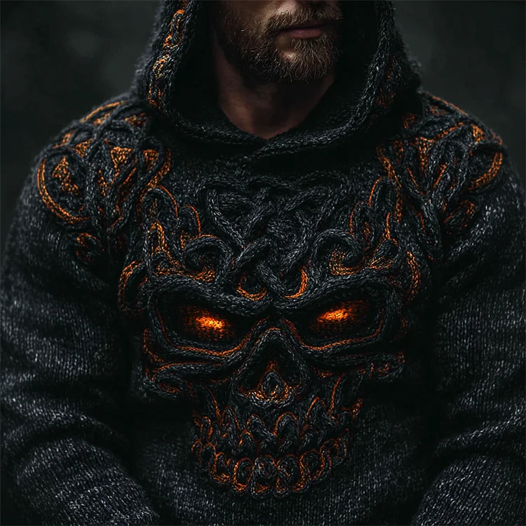 Men's Halloween Skull Celtic Knot Chunky Cozy Knit Hooded Sweater