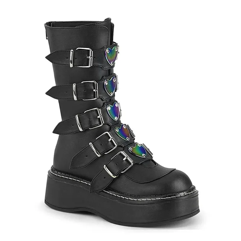 Leather Women Mid-Calf Boots Gothic Style Cool Punk Motorcycles Females Boot Platform Wedges High Heels Calf Boots Women's Shoes