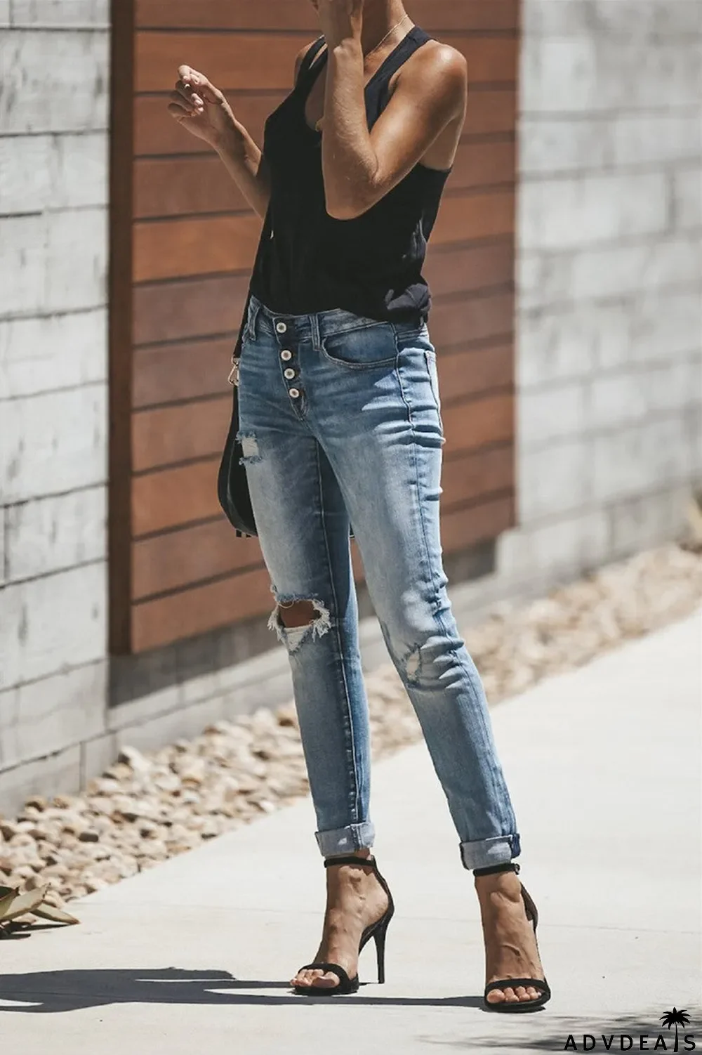 Hole Distressed Button Up Jeans