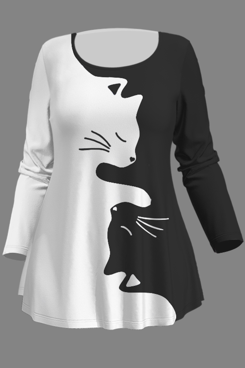 Flycurvy Plus Size Casual White Colorblock Cat Striped Print T-Shirt 2024 - Flycurvy 
