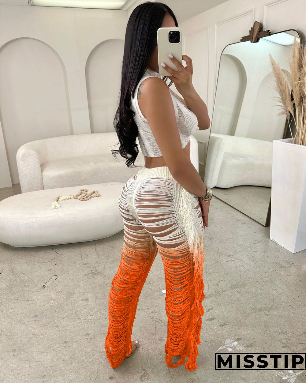 Gradient Knitted Tassel Two Piece Pants Set