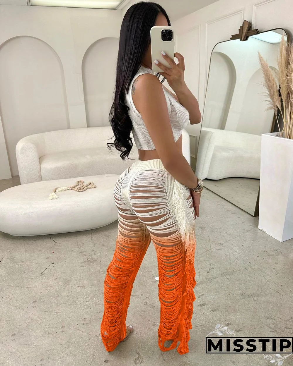 Gradient Knitted Tassel Two Piece Pants Set