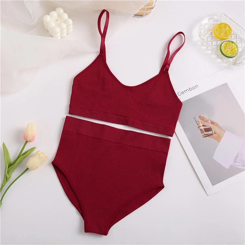 2PCS Bra Set Women Sexy Bralette Sexy Female Underwear Lingerie Ribbed Tops Girls Fashion Brassiere Basic Stretchy Tank Crop Top