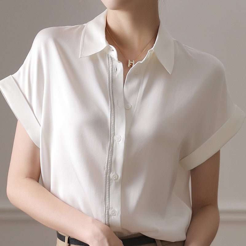 Summer Women Turn Down Collar Chiffon Blouse Shirt Tops Short Sleeve Blouse Women Blusas Mujer De Moda 2021 Blouses Femme E706