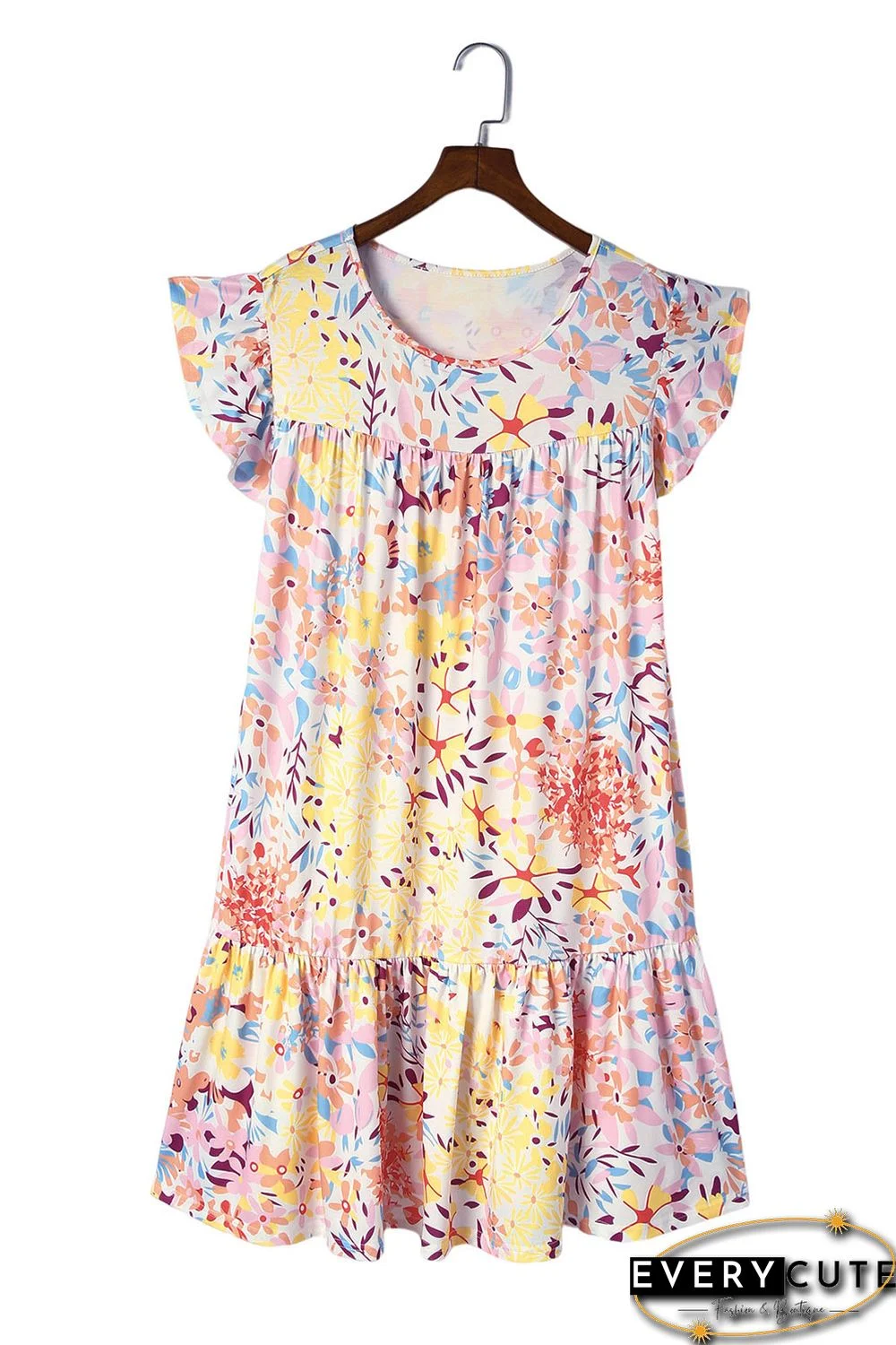 Multicolor Floral Print Ruffled Short Sleeve Plus Size Dress