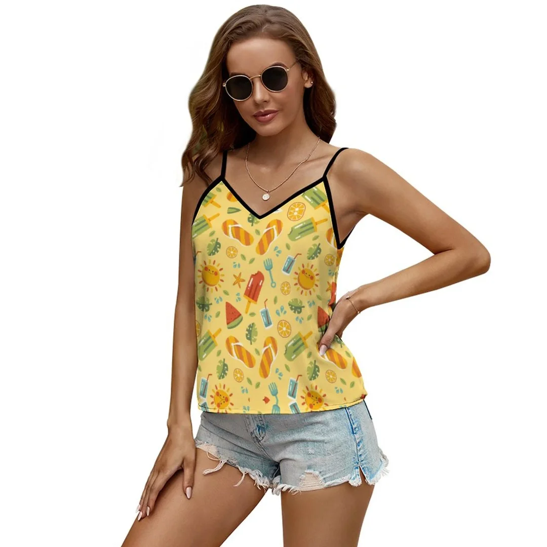 Summer Is Here V-neck Camisole Women's Boho Spaghetti Straps Tank Top Summer Sleeveless Shirts Blouse