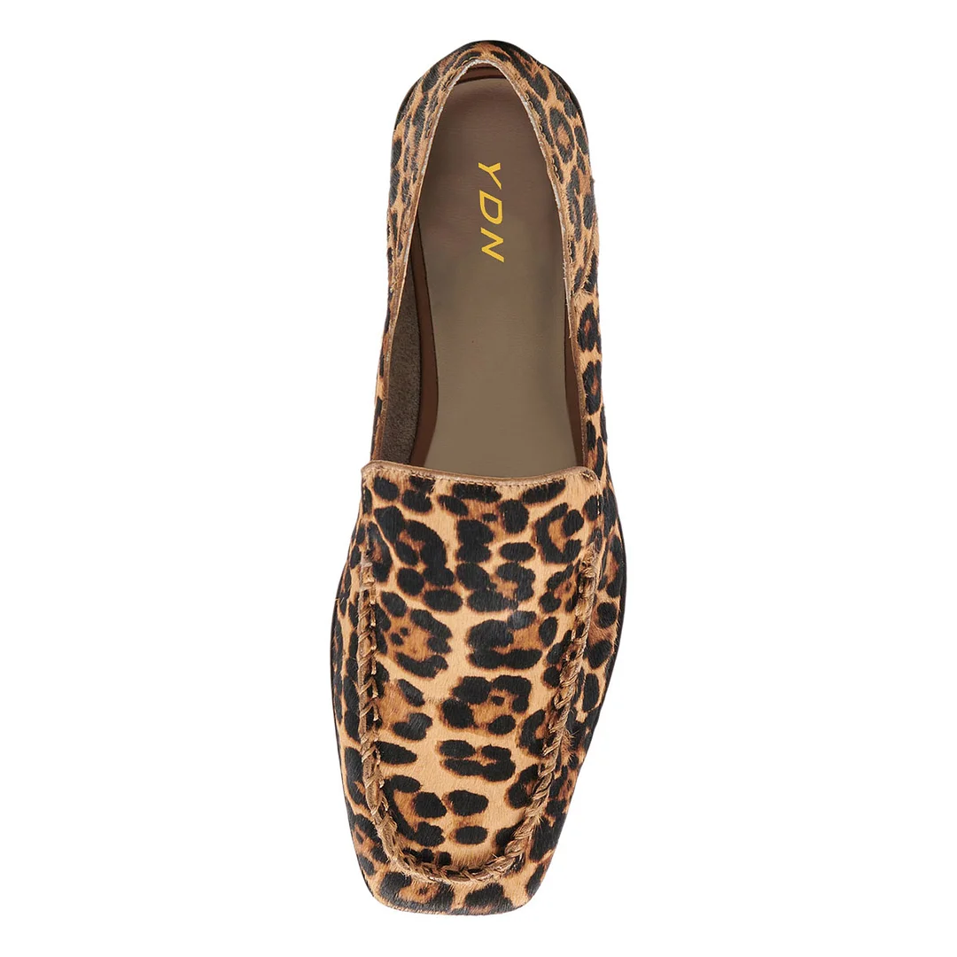 Leopard Printed Textile Square Toe Flat Loafers for Elegant Ladies
