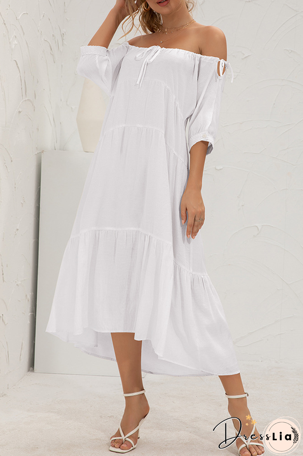 Elegant Solid Split Joint Frenulum Off The Shoulder Cake Skirt Dresses