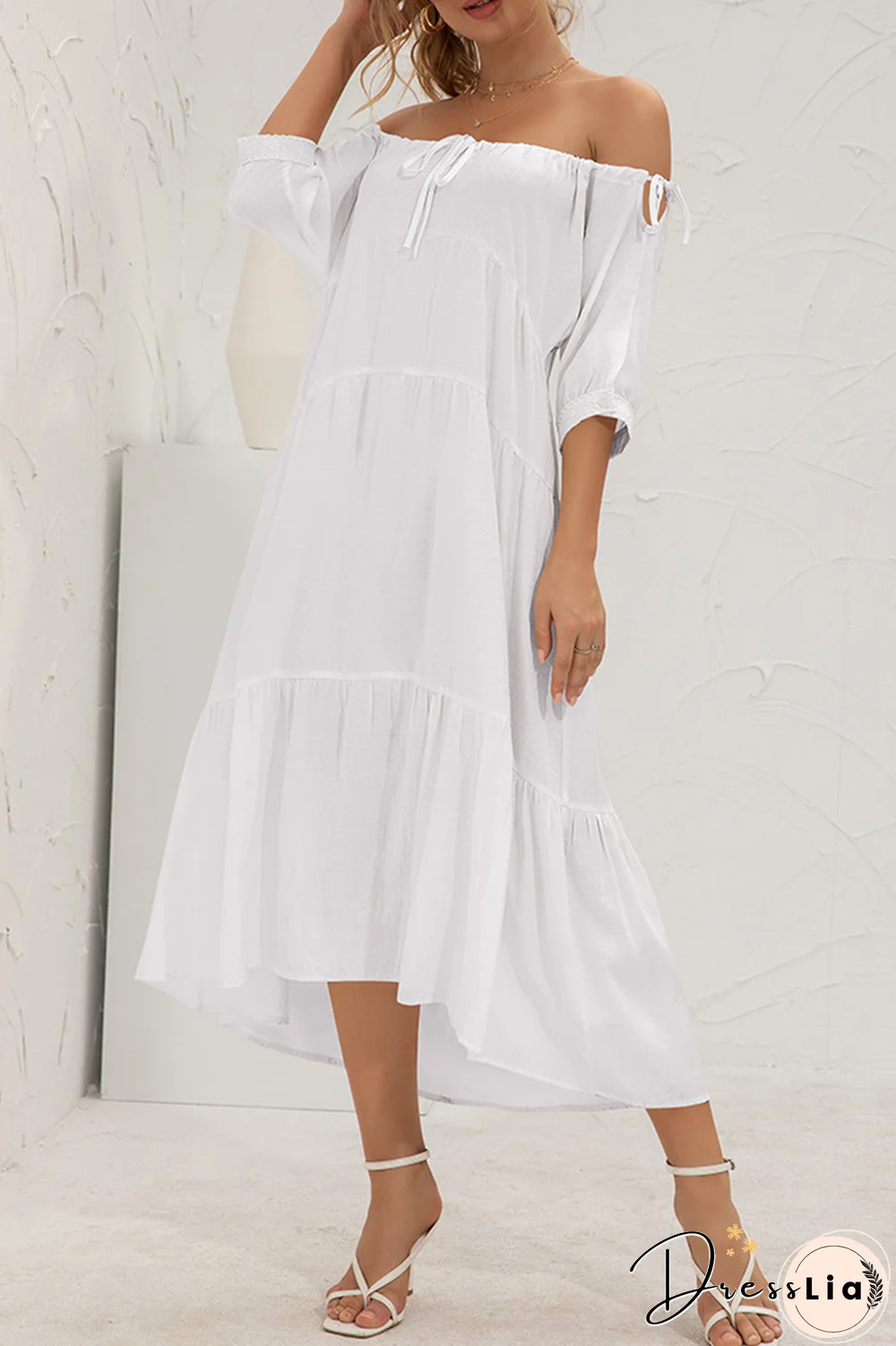 Elegant Solid Split Joint Frenulum Off The Shoulder Cake Skirt Dresses