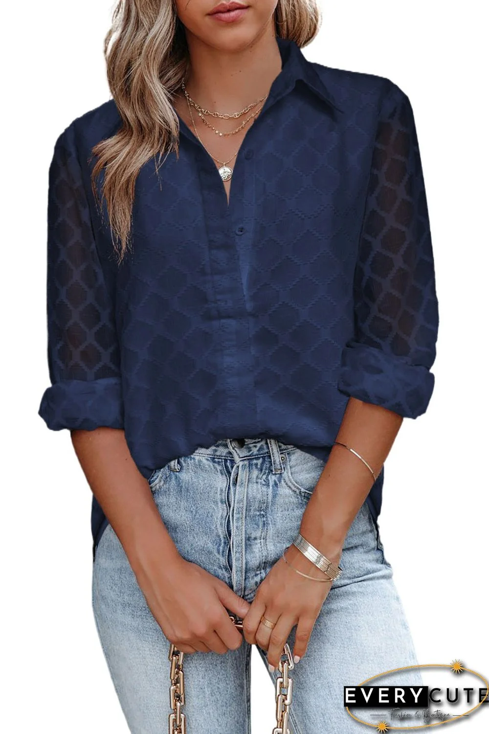 Blue Geometric Textured Button Shirt