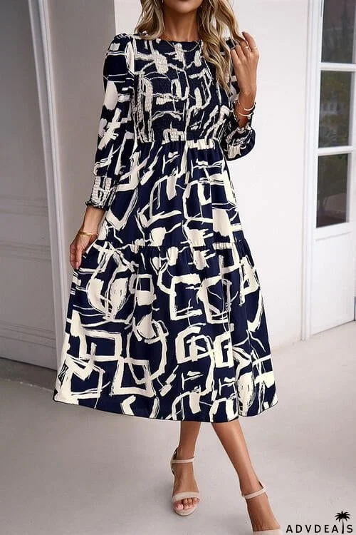 Printed Smocked Ruffle Hem Dress