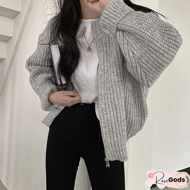 Streetwear Women Fashion Harajuku Zipper Cardigan Sweater Vintage Loose Solid Y2K Top Autumn Winter Casual Korean Clothes