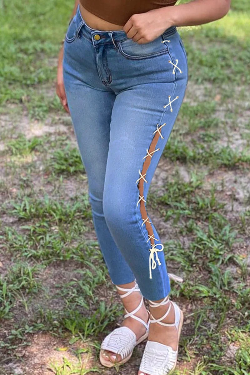 Medium Blue Fashion Casual Solid Bandage Slit High Waist Regular Jeans | EGEMISS