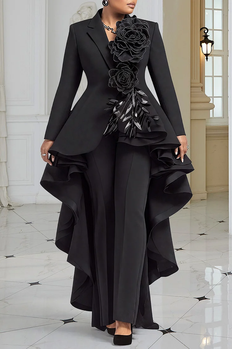 Xpluswear Design Plus Size Wedding Guest Black Lapel Collar Long Sleeve Asymmetric Hem Elegant 3D Two Piece Pant Suits [Pre-Order]