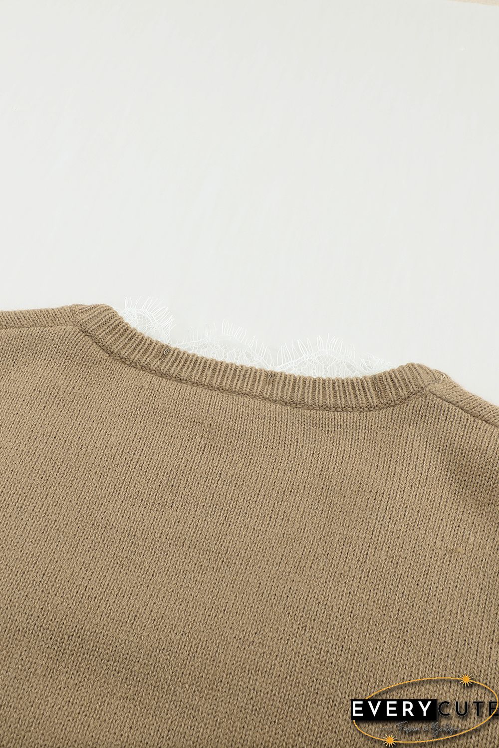 Khaki Eyelash V Neck Knitted Sweater