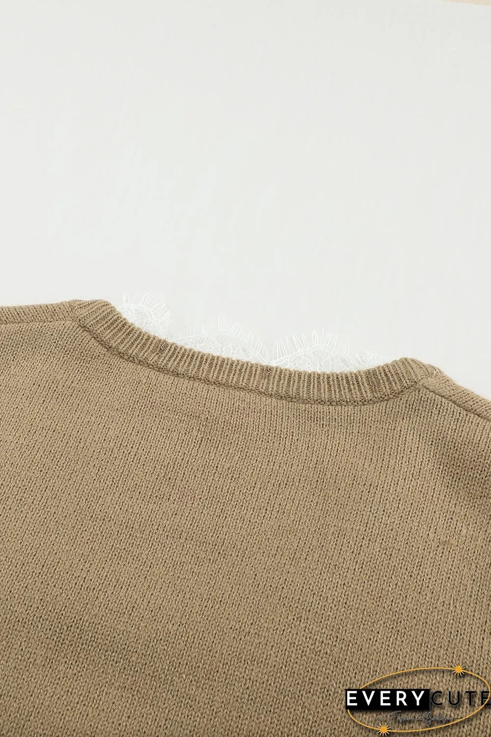 Khaki Eyelash V Neck Knitted Sweater