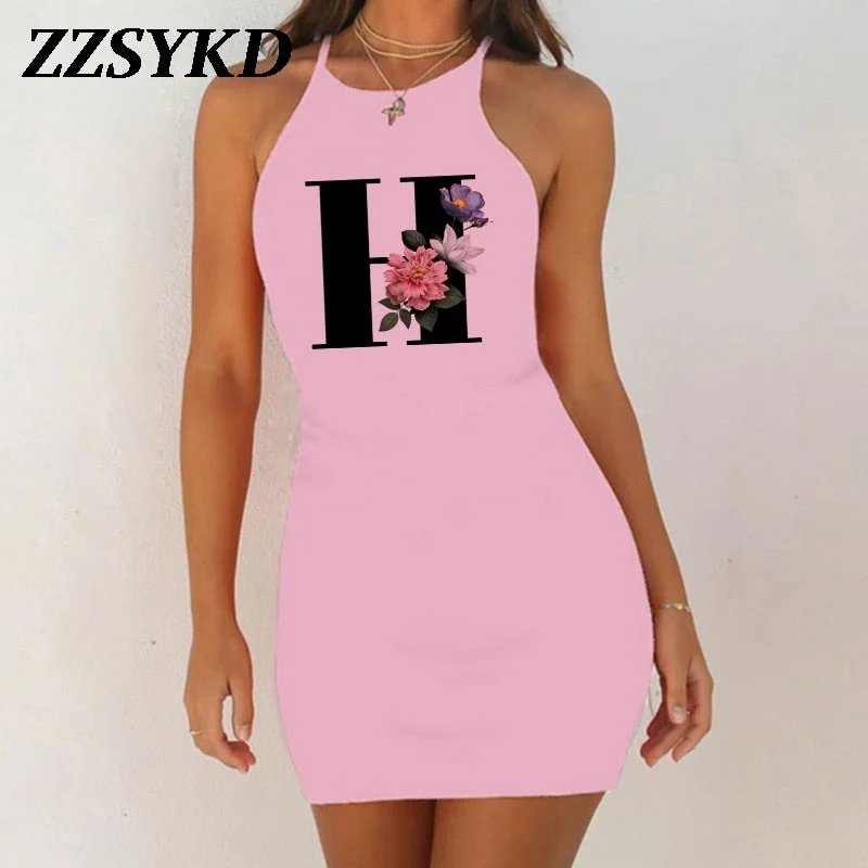 26 English Alphabet Print Summer Sexy Clothes Women Dresses 2020 Plus Size Dress Bodycon Evening Party O-Neck Pink Mini Vestidos