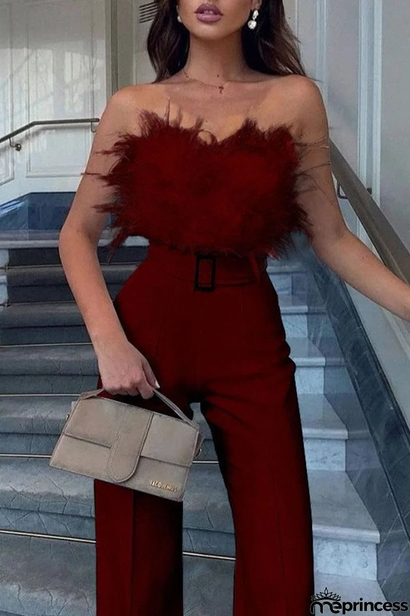 Sexy Solid Patchwork Feathers With Belt Strapless Straight Jumpsuits(Contain The Belt)