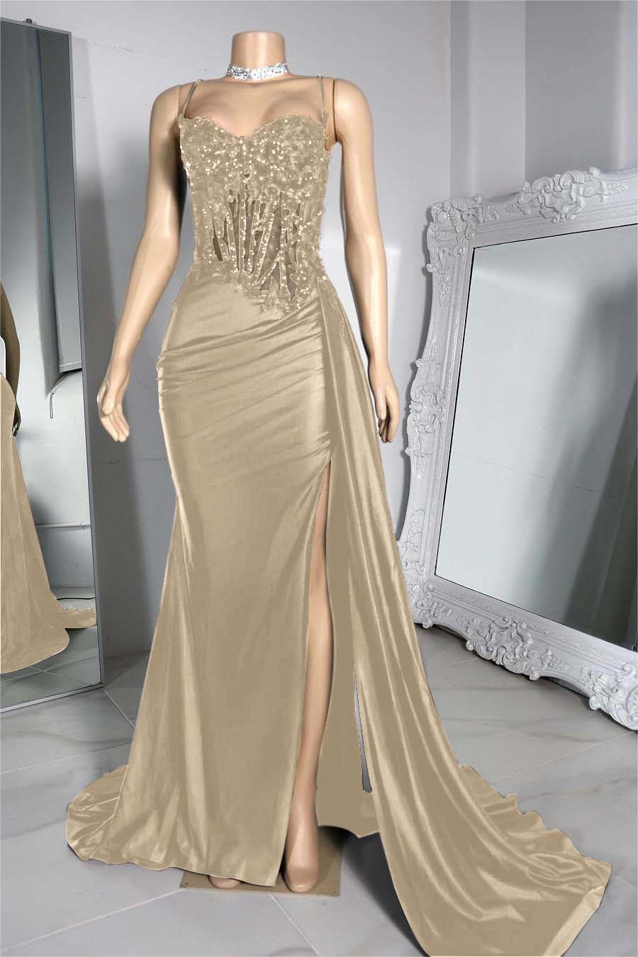 Hidais Exquisite Black Spaghetti Strap Sleeveless Pleated Long Split Prom Dress With Beading