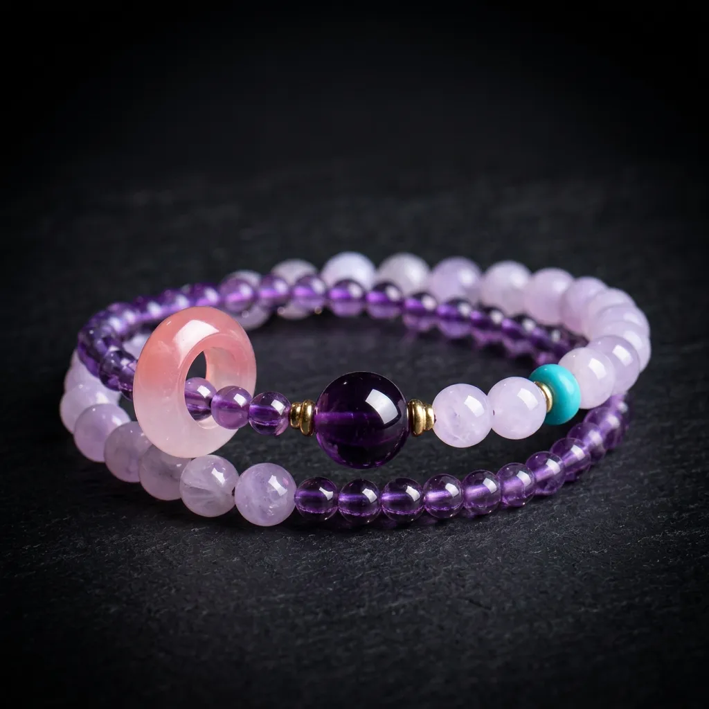 JiStones Ethereal Amethyst Layered Bracelet - Handcrafted Natural Gemstone Jewelry Ethereal Amethyst & Rose Accents (Double Layer)