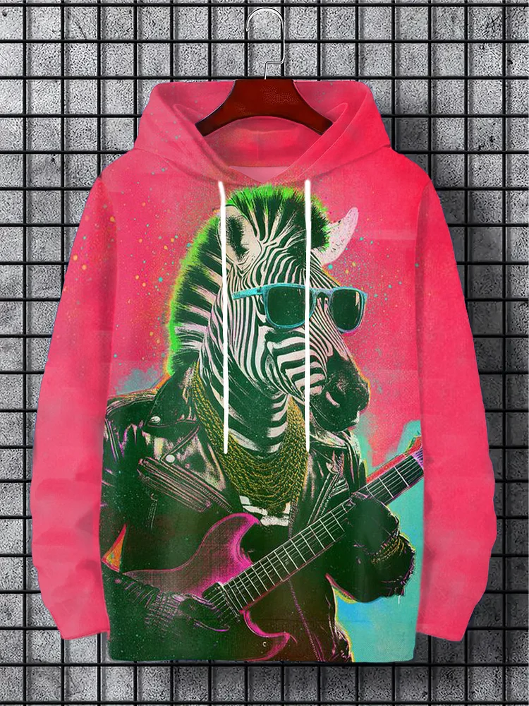 Men's Punk Zebra Guitarist Print Casual Hoodie