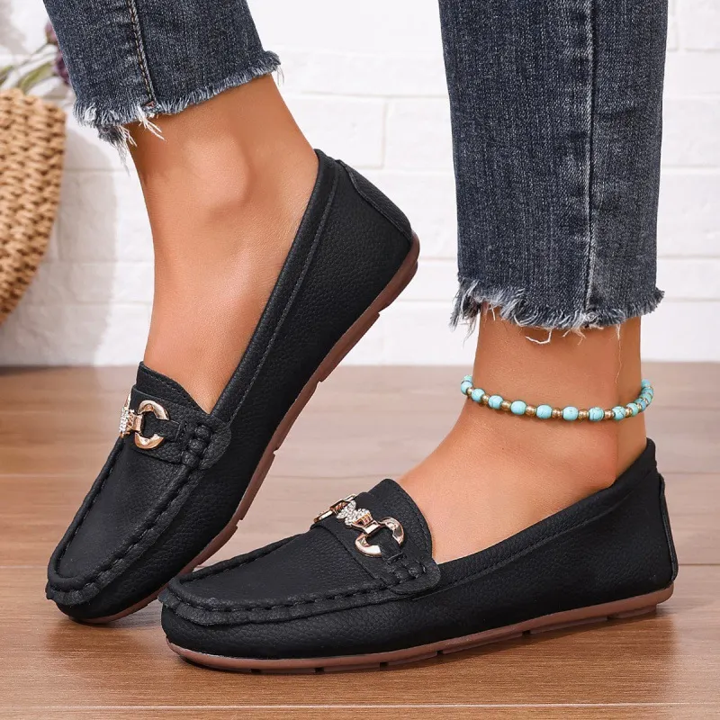 Breakj Breakj Casual Single-Shoe Lef Shoes Light-Mouthed Bean Shoes Women's 2025 New Fashion Metal Chain Large-Size Mother Shoes