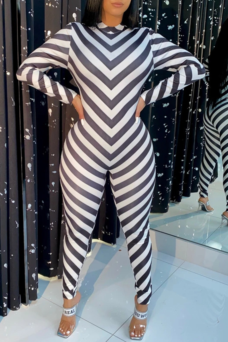 Casual Striped Split Joint Half A Turtleneck Skinny Jumpsuits