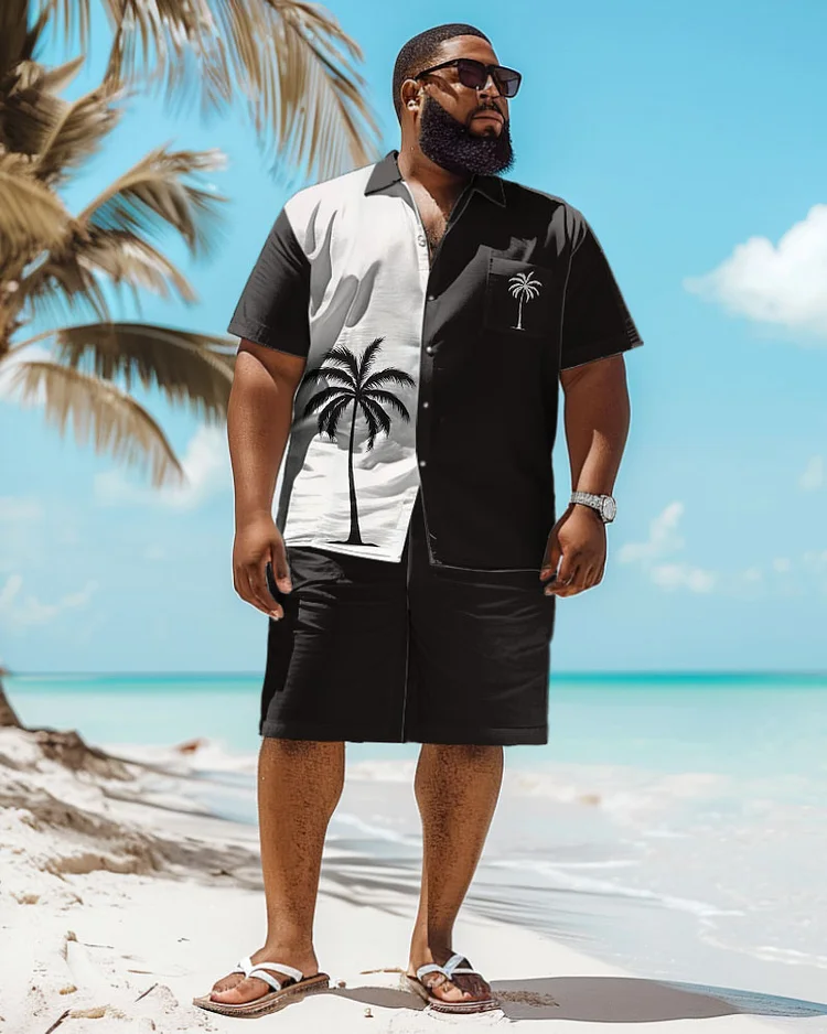 Men's Plus Size Hawaiian Black And White Coconut Tree Print Pocket Shirt Shorts Suit