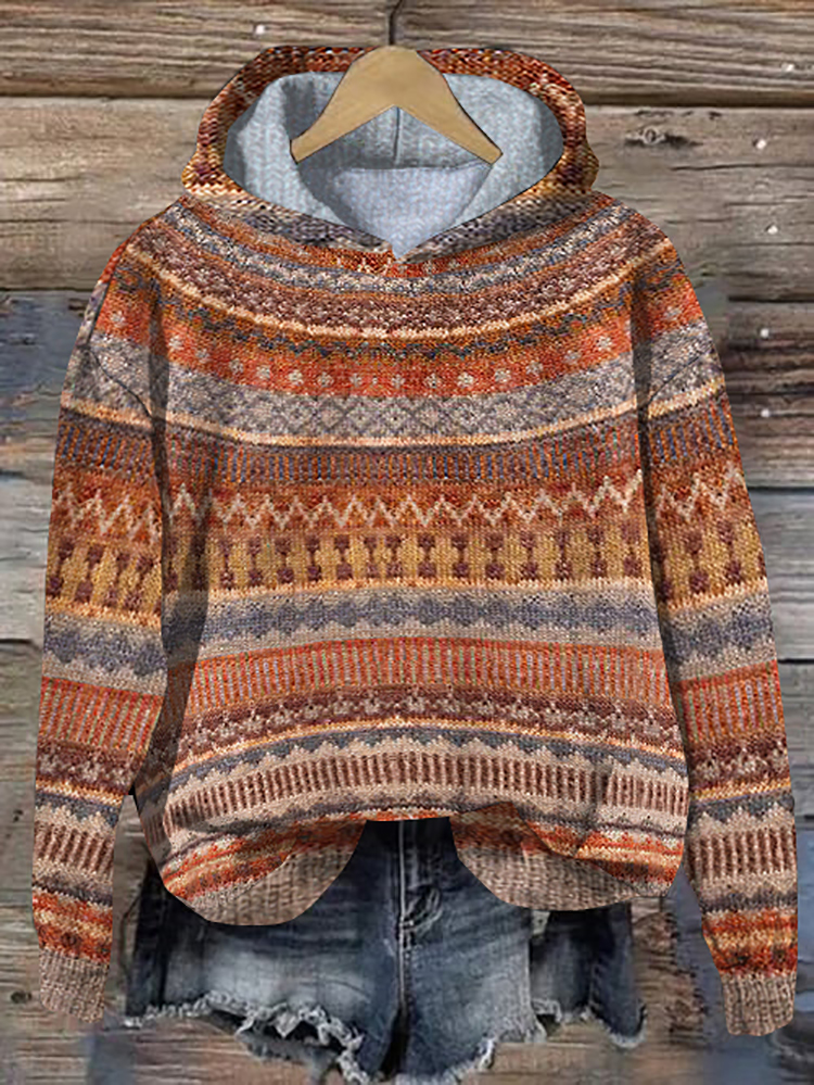 Comstylish Vintage Fairman Island Jacquard Hooded Sweater