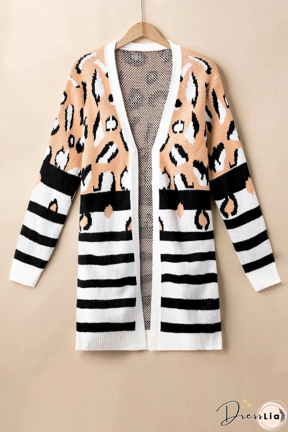 Brown Leopard Striped Mixed Print Open Front Cardigan