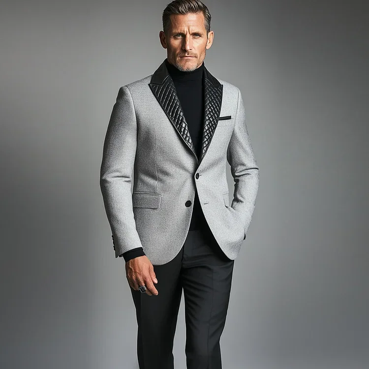 Mens Business Quilted PU Leather Patchwork Lapel Collar Two Butto-inspireuse