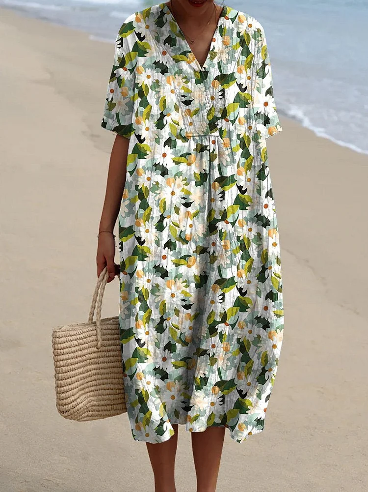 Spring Daisy Field Seamless Pattern Printed Women's Flowy Dress