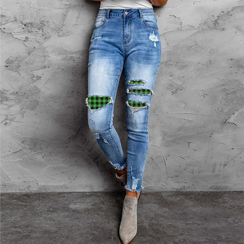 Green Plaid Printed Paneled Ripped Slim Jeans