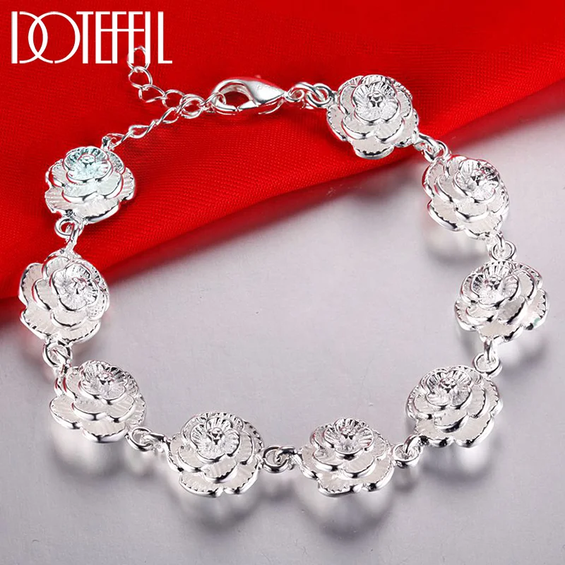 DOTEFFIL 925 Sterling Silver Full Rose Flower Chain Bracelet For Women Jewelry