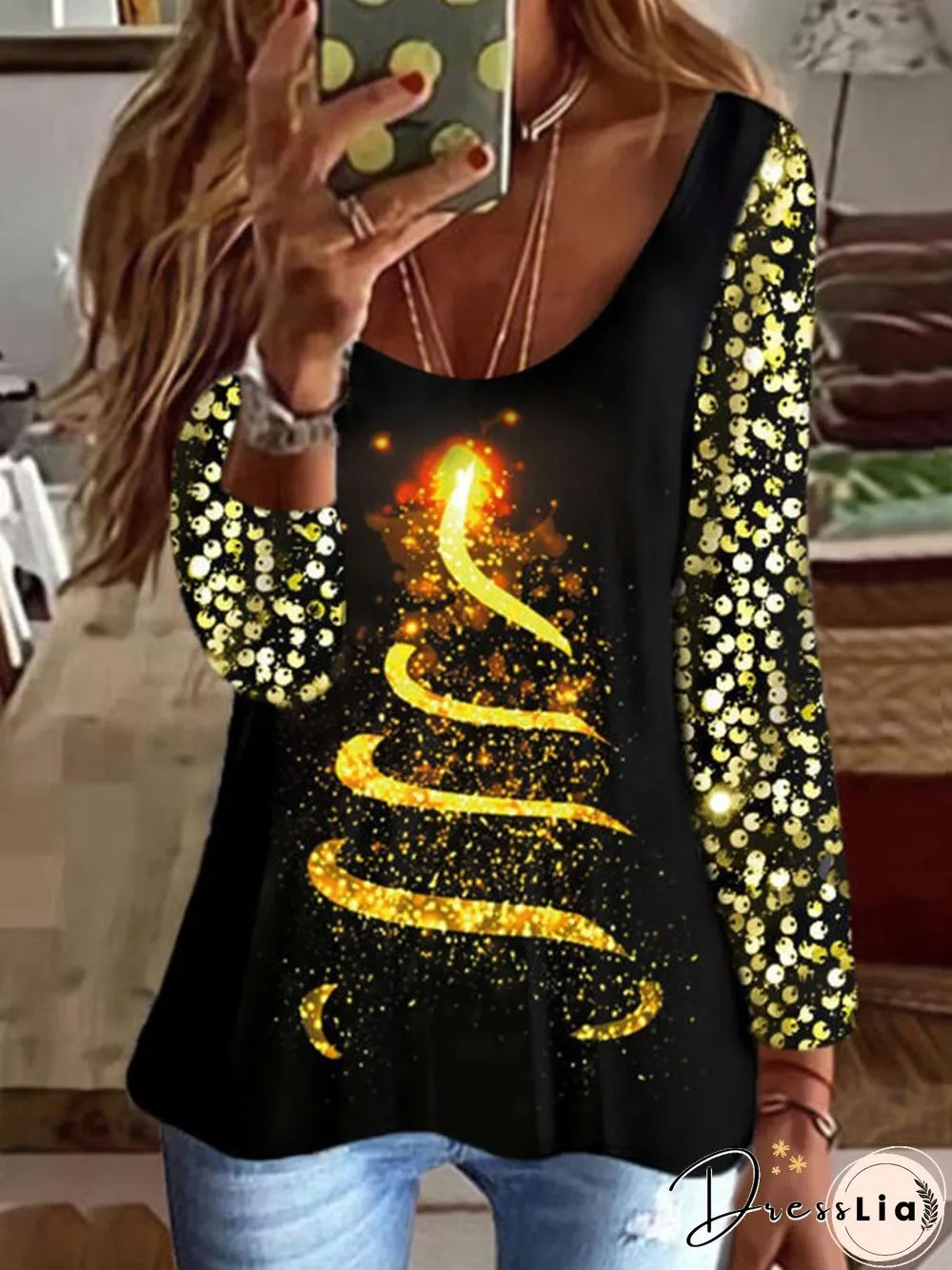 V Neck Printed Long Sleeve Loosen Tops