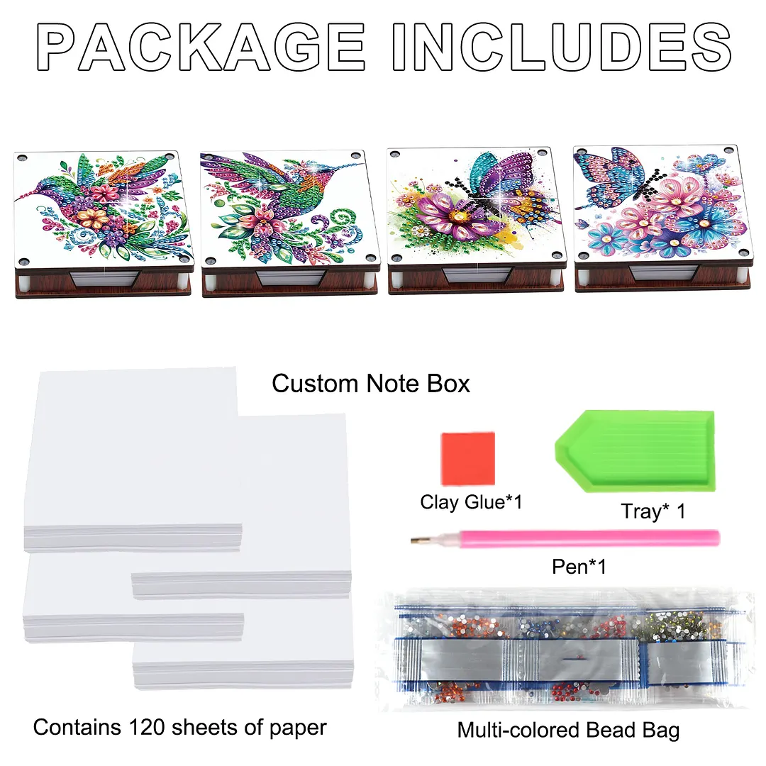 4pcs Wooden DIY Hummingbird Butterfly Diamond Painting Kit Note Box for Office