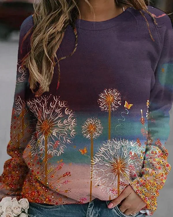 Dandelions Print Casual Round Neck Shirts&Tops