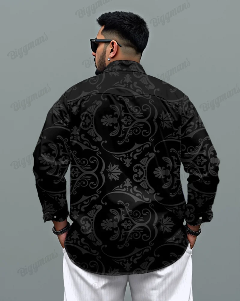 High-end Jacquard Vintage Texture Long Sleeve Lapel Shirt Big Men's