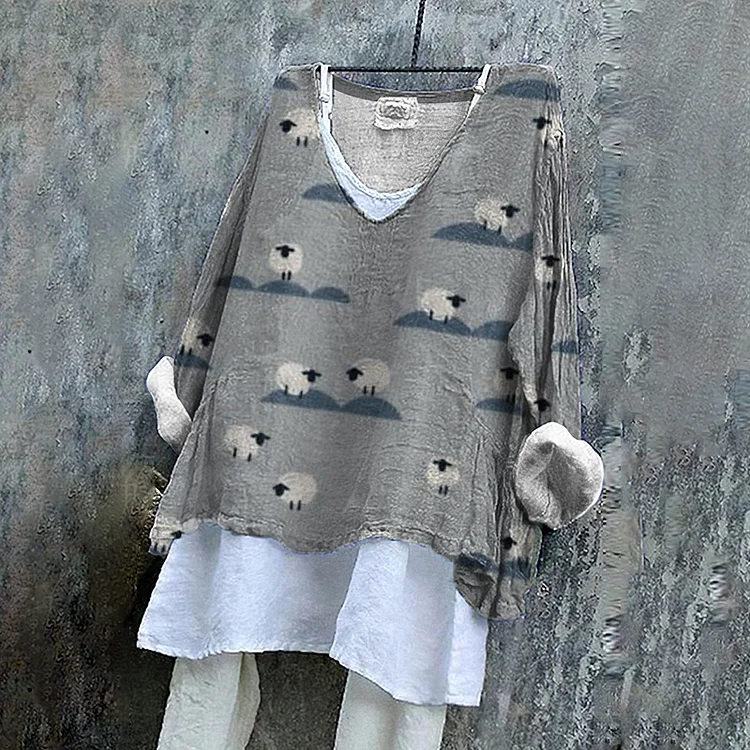 Vintage Farm Sheep V Neck Linen Blend Shirt