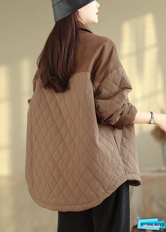 Plus Size Coffee Oversized Patchwork Fine Cotton Filled Jacket Winter